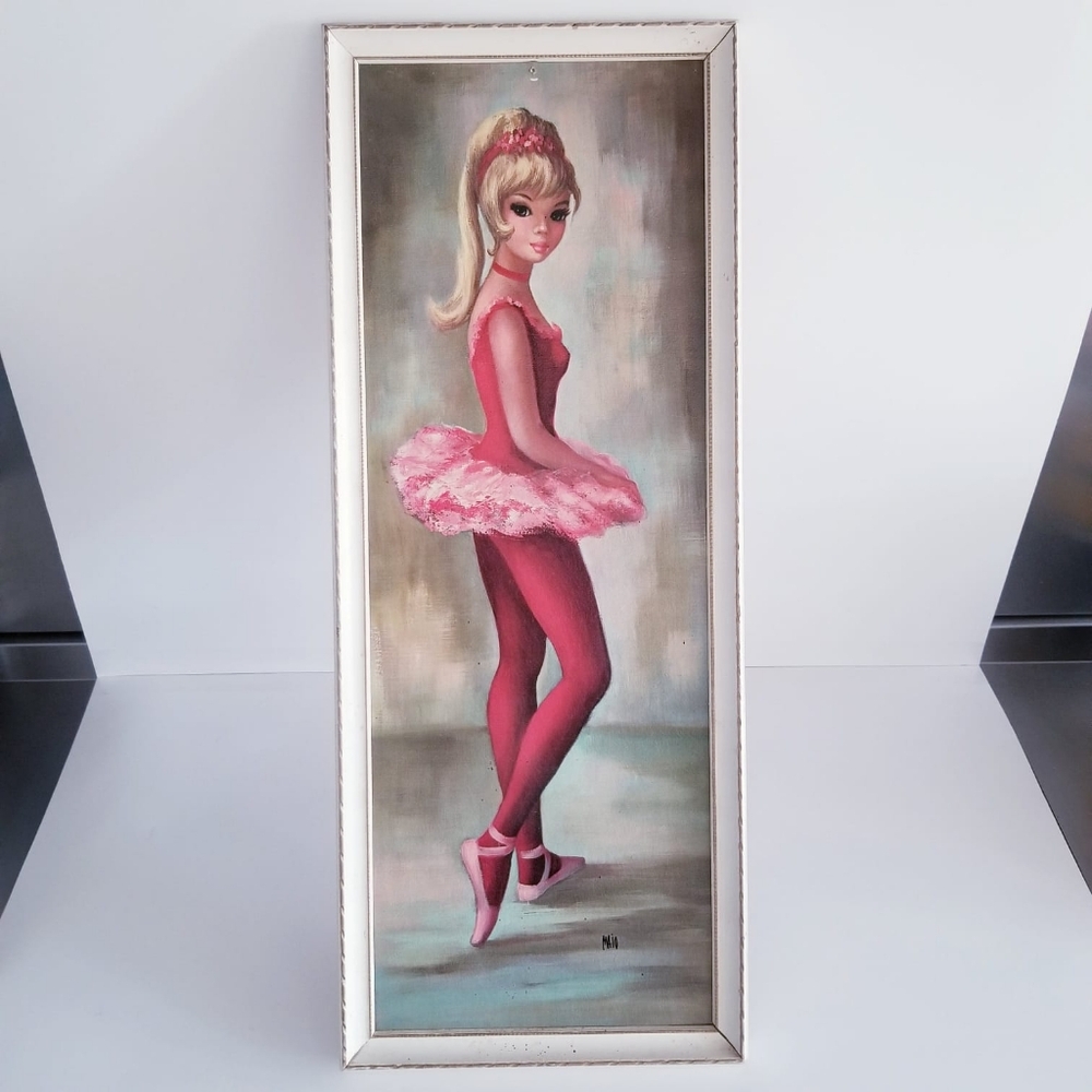 Vintage lithograph art print by artist Maio c 1960-70s Big Eyed Ballerina Girl